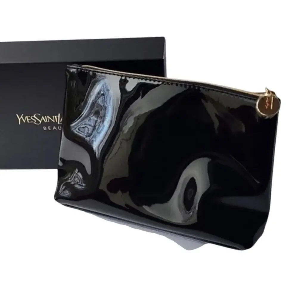 Yves Saint Laurent YSL Beaute Makeup Bag Travel Pouch Black Patent Clutch NEW